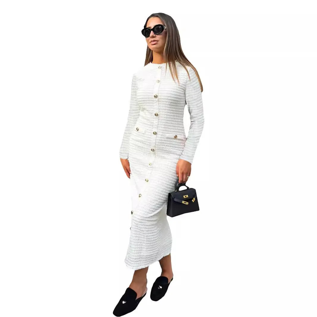 French retro slim fit long sleeved knitted dress in black with button details