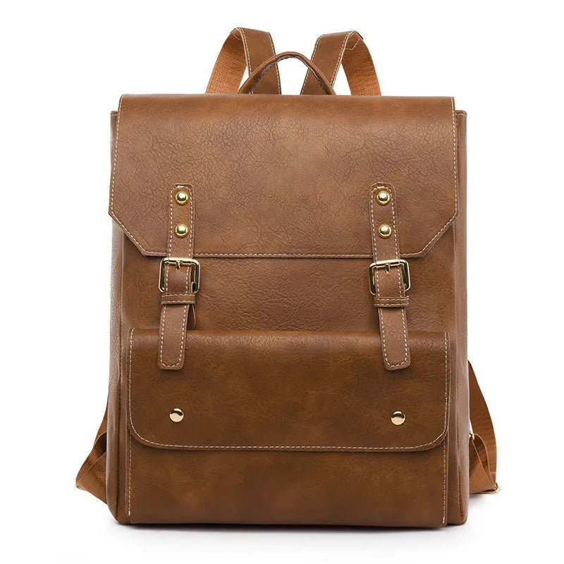 Korean style retro backpack in soft PU material shown in a dark brown colour.