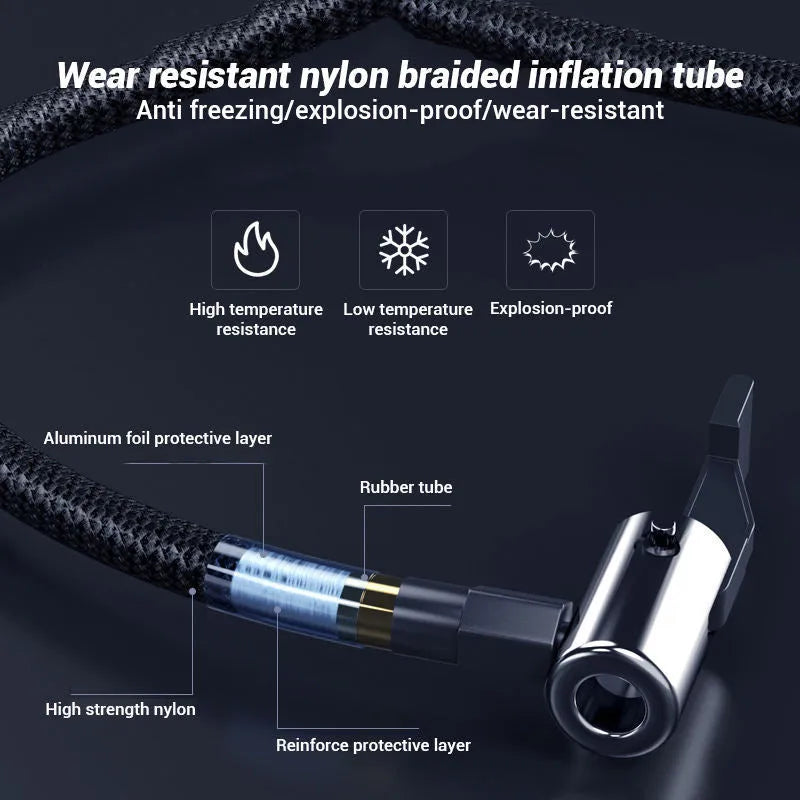Portable wireless tyre inflator pump with digital display screen showing pressure readings