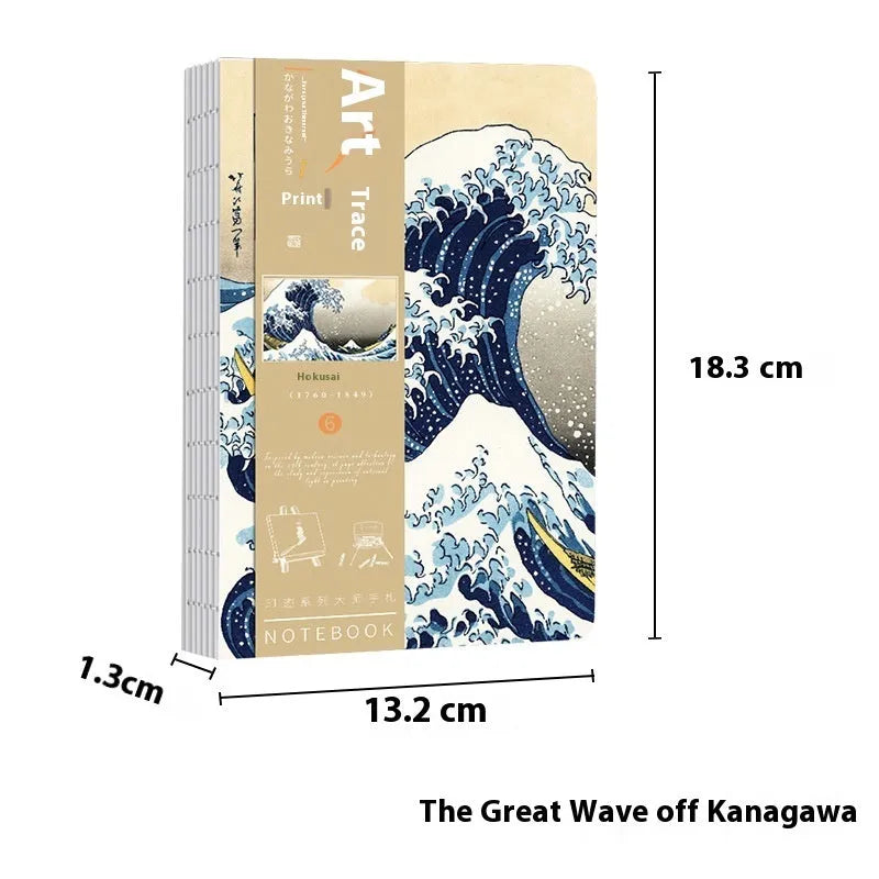 Ukiyo-e Kanagawa surfing village retro hand ledger notebook showing cover artwork and dimensions