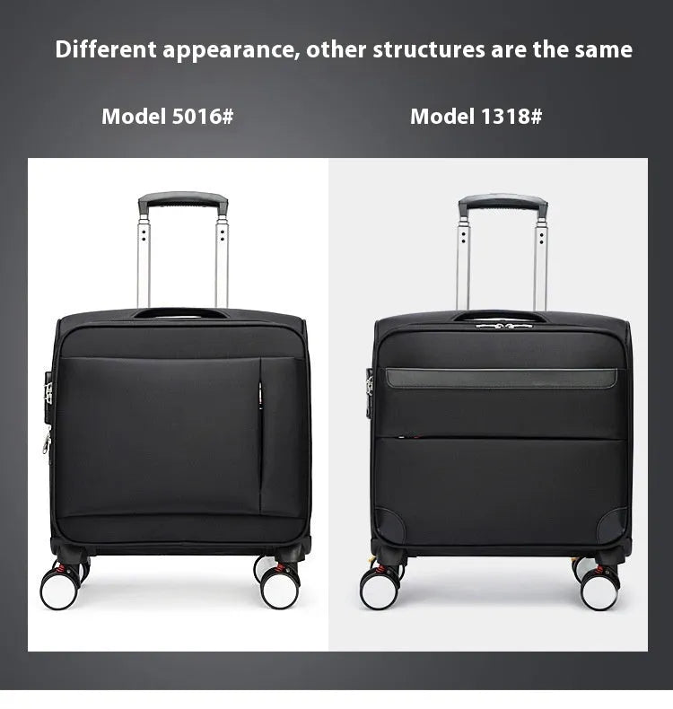Black 18-inch Oxford cloth carry-on suitcase with retractable trolley handle and universal wheels.