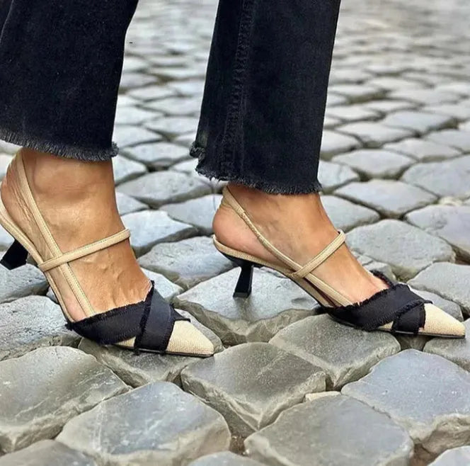 Women's apricot black colour block pointed sandals with stiletto heels and buckle fastening.