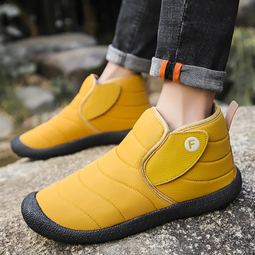 Men's waterproof cotton snow boots with non-slip rubber soles in black, blue, green, or yellow