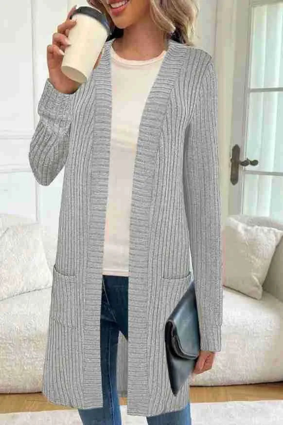 Long sleeve loose fit knitted cardigan jacket with pockets in black, wine red, or grey.