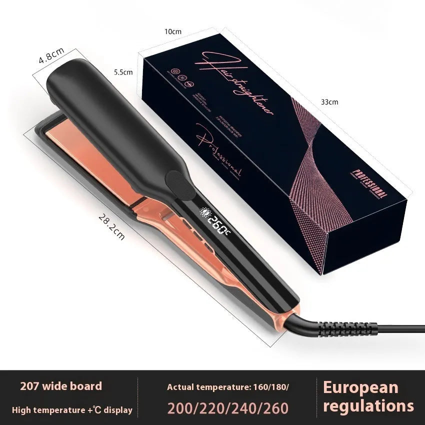 Hair straightener and curler with ceramic plates showing 207°C display and EU plug