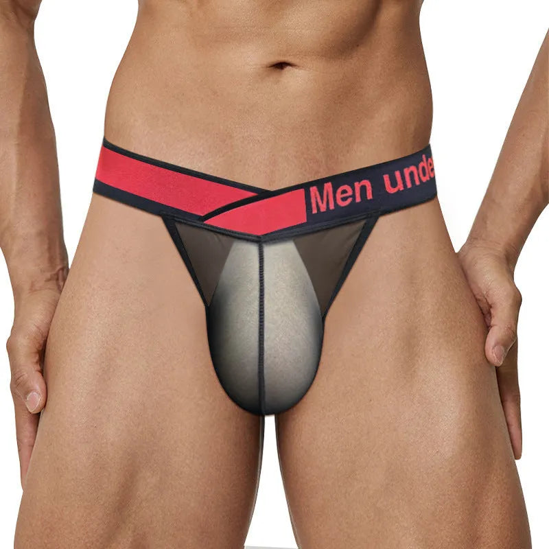 Men's transparent ice silk breathable briefs in red, black, or white with a large V gradient high fork design.