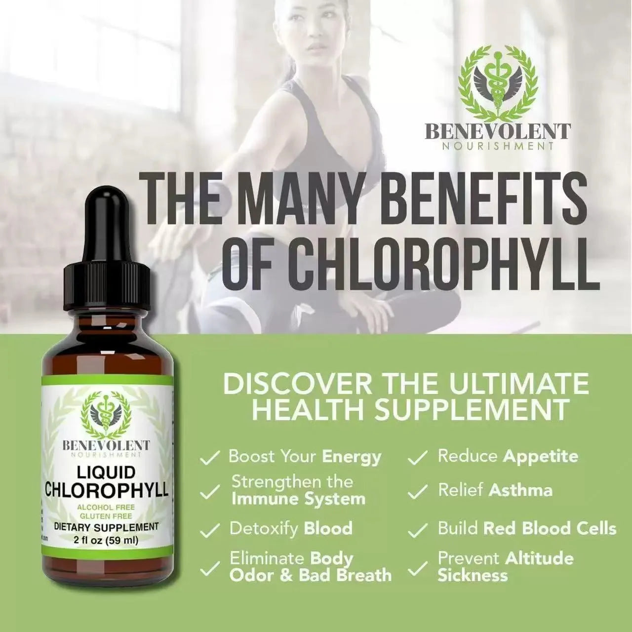 60ml bottle of liquid chlorophyll drops with dropper for adult body odour and intestinal care