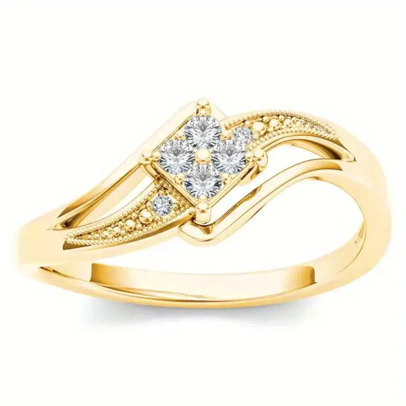 Yellow gold copper diamond ring with geometric quadrangle design and micro zircon inlay