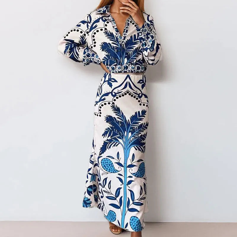 Women's floral print co-ord set with long sleeves and long skirt in picture colour