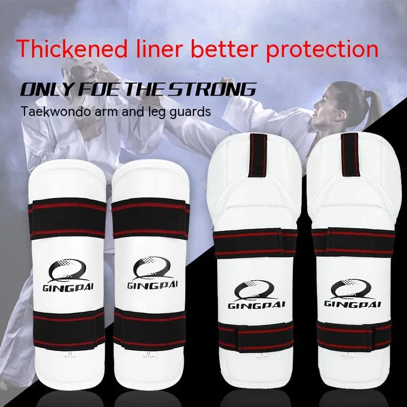 Taekwondo protective gear set showing arm guards, elbow protectors, and leg guards in PU EVA foam material