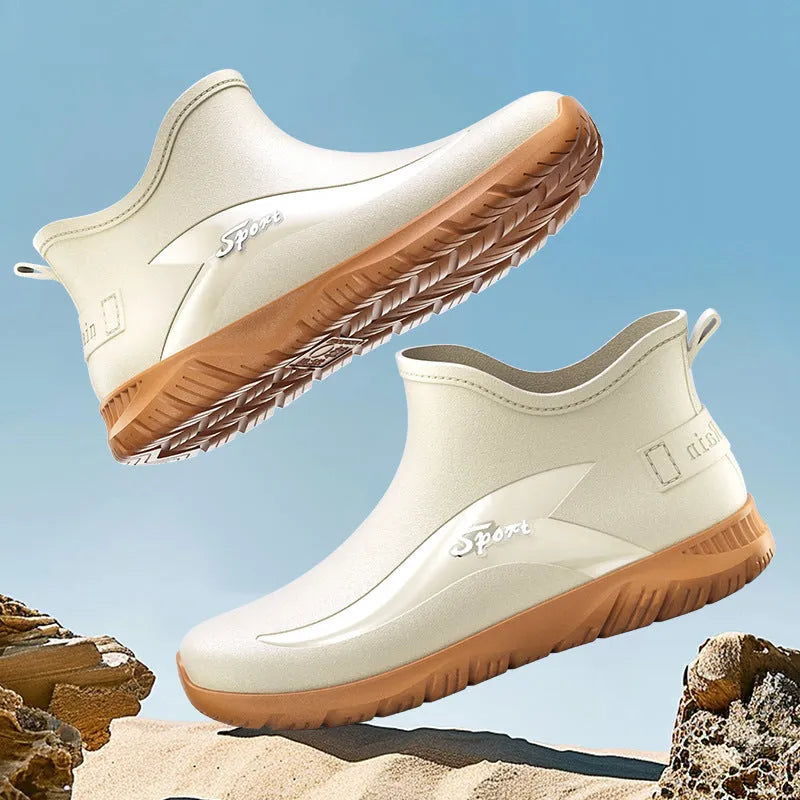 Men's short casual rubber boots in beige with a flat non-slip sole, shown on a plain background.