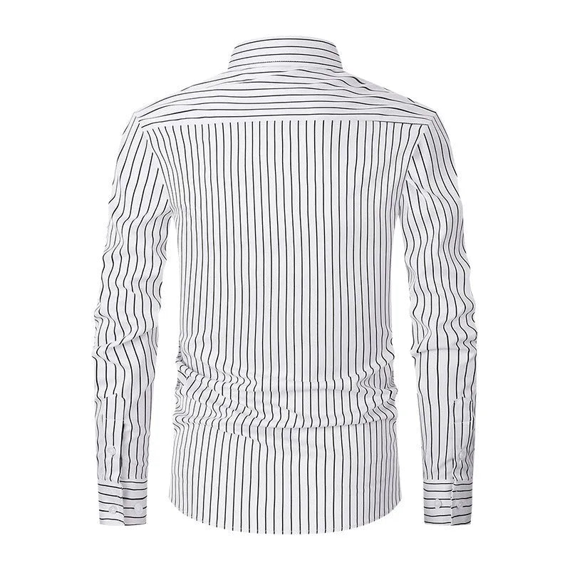 Men's striped ice silk polyester business shirt with slim fit on Asian mannequin showing XXS to XL sizing