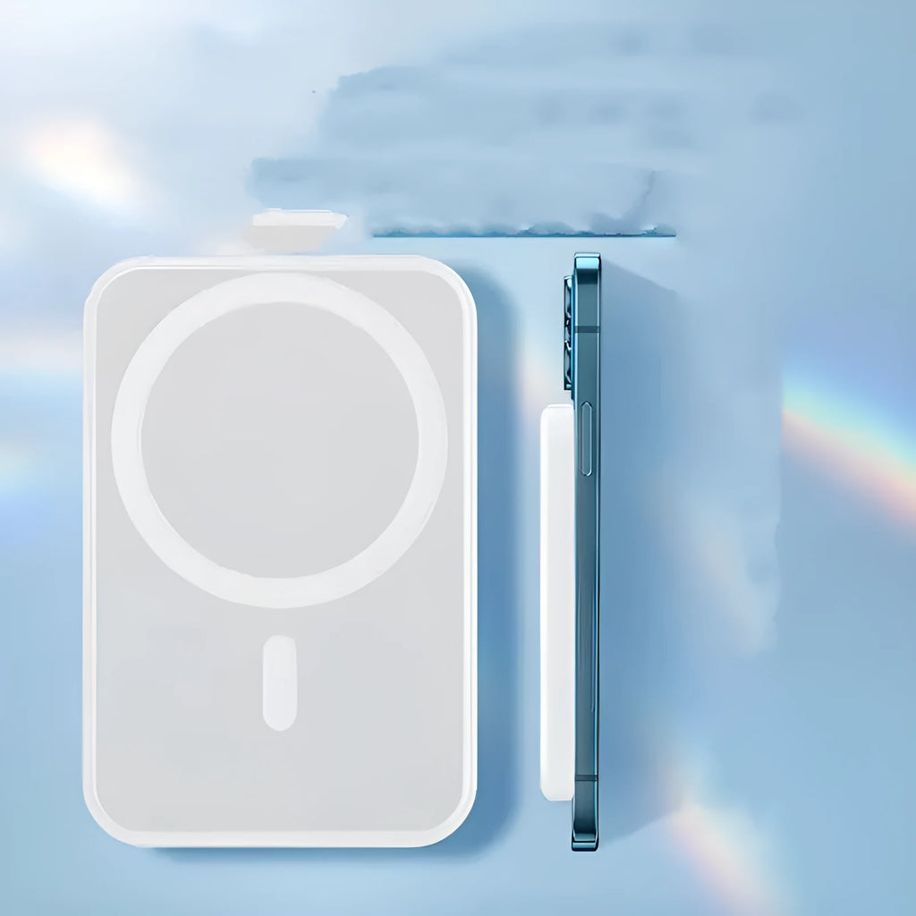 White magnetic wireless charger power bank with 5000mAh capacity and USB-C port