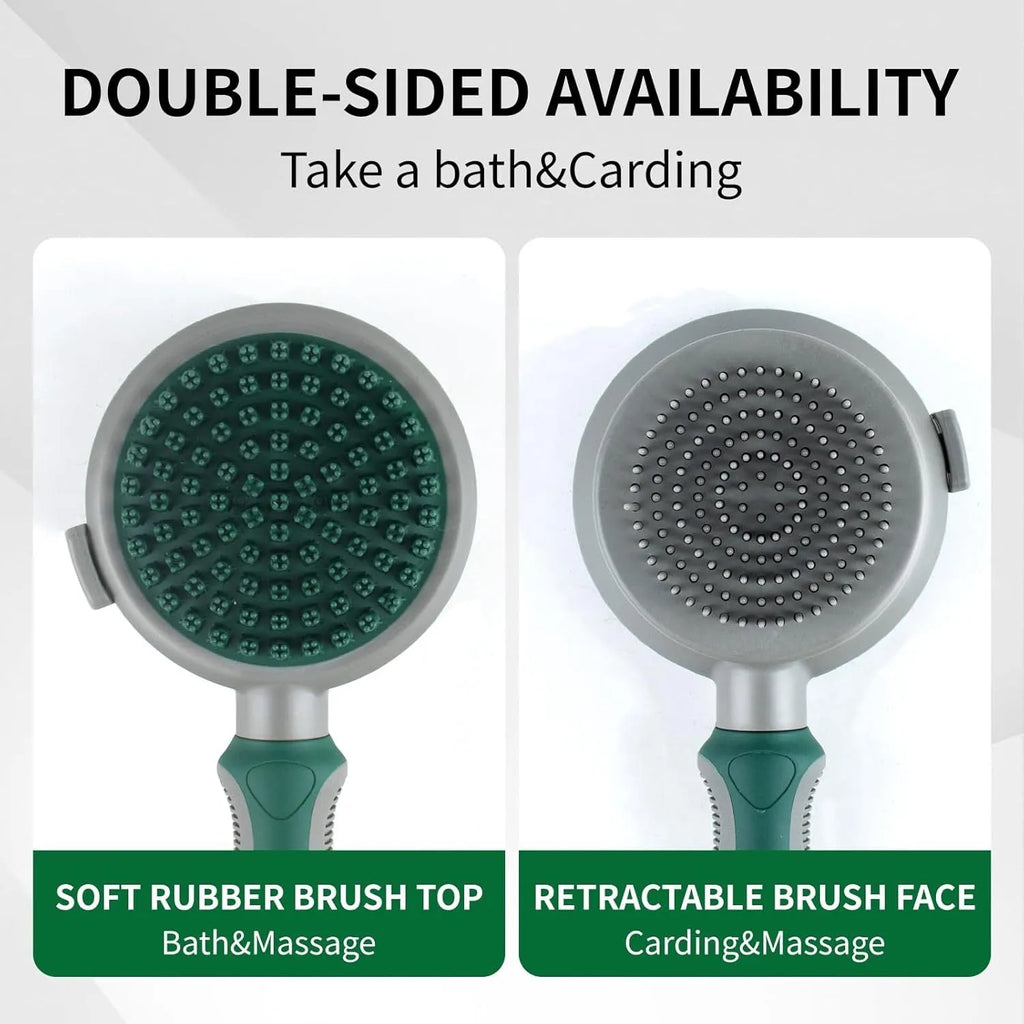 Green and pink 2in1 silicone pet brush showing slicker brush side and octopus-teeth massager side