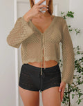 Women's hollow woven cardigan blouse with bell sleeves in apricot colour