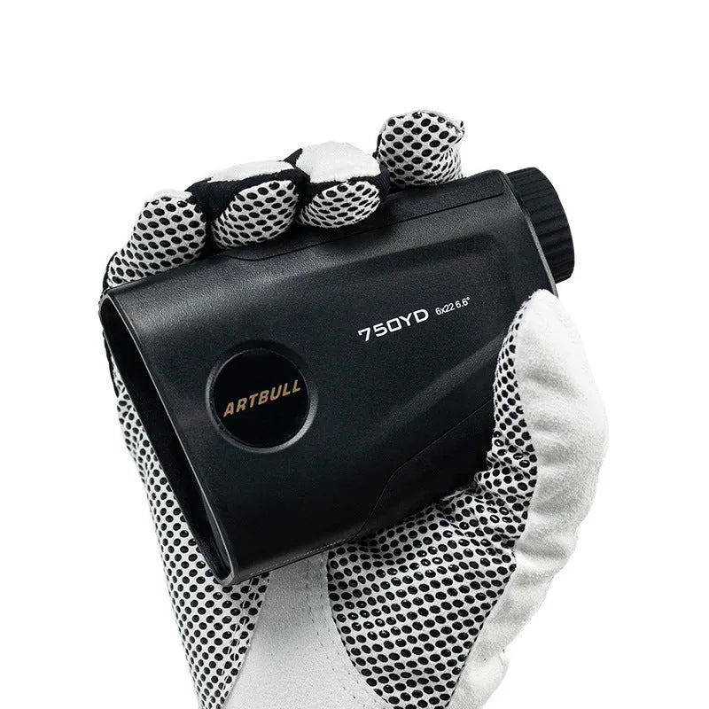 Golf laser rangefinder distance meter with LCD display showing yardage measurement