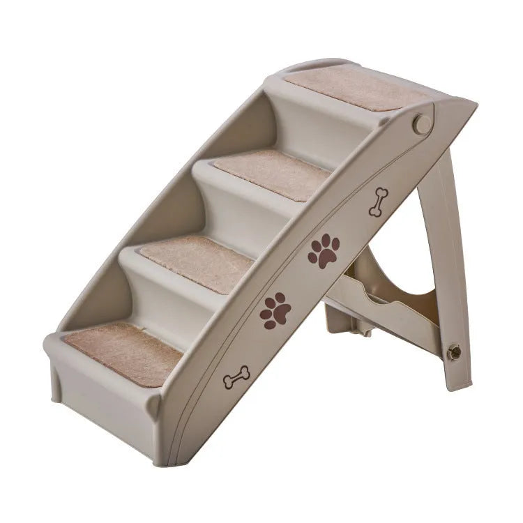 Foldable plastic step ladder for small pets on a wooden floor beside a sofa.