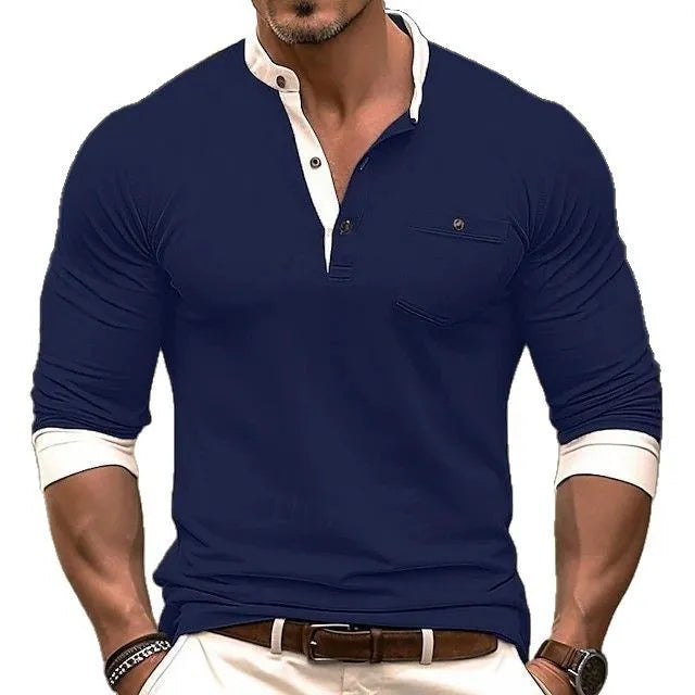 Men's solid colour long sleeve cotton T-shirt on a hanger, shown in grey.
