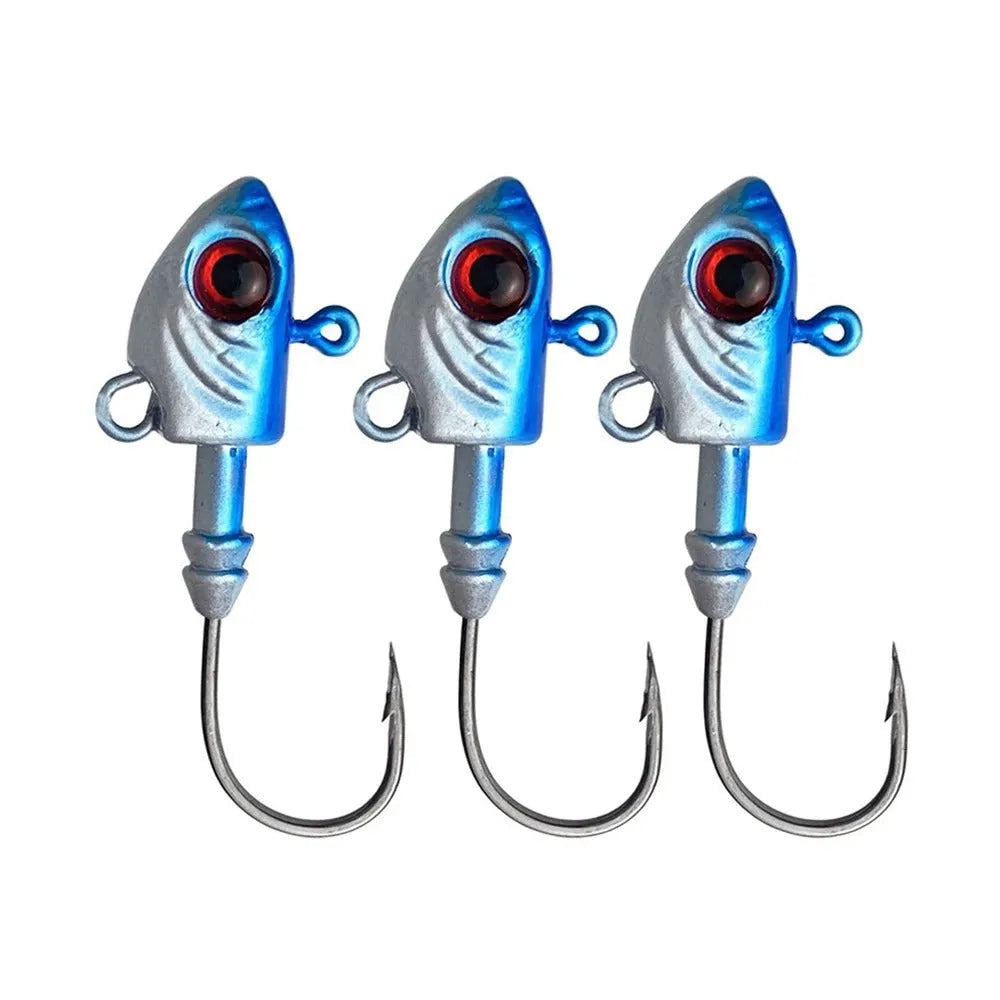 Yayu-shaped lead head hook fishing lure simulation in blue, silver, and yellow colours showing different weight sizes.