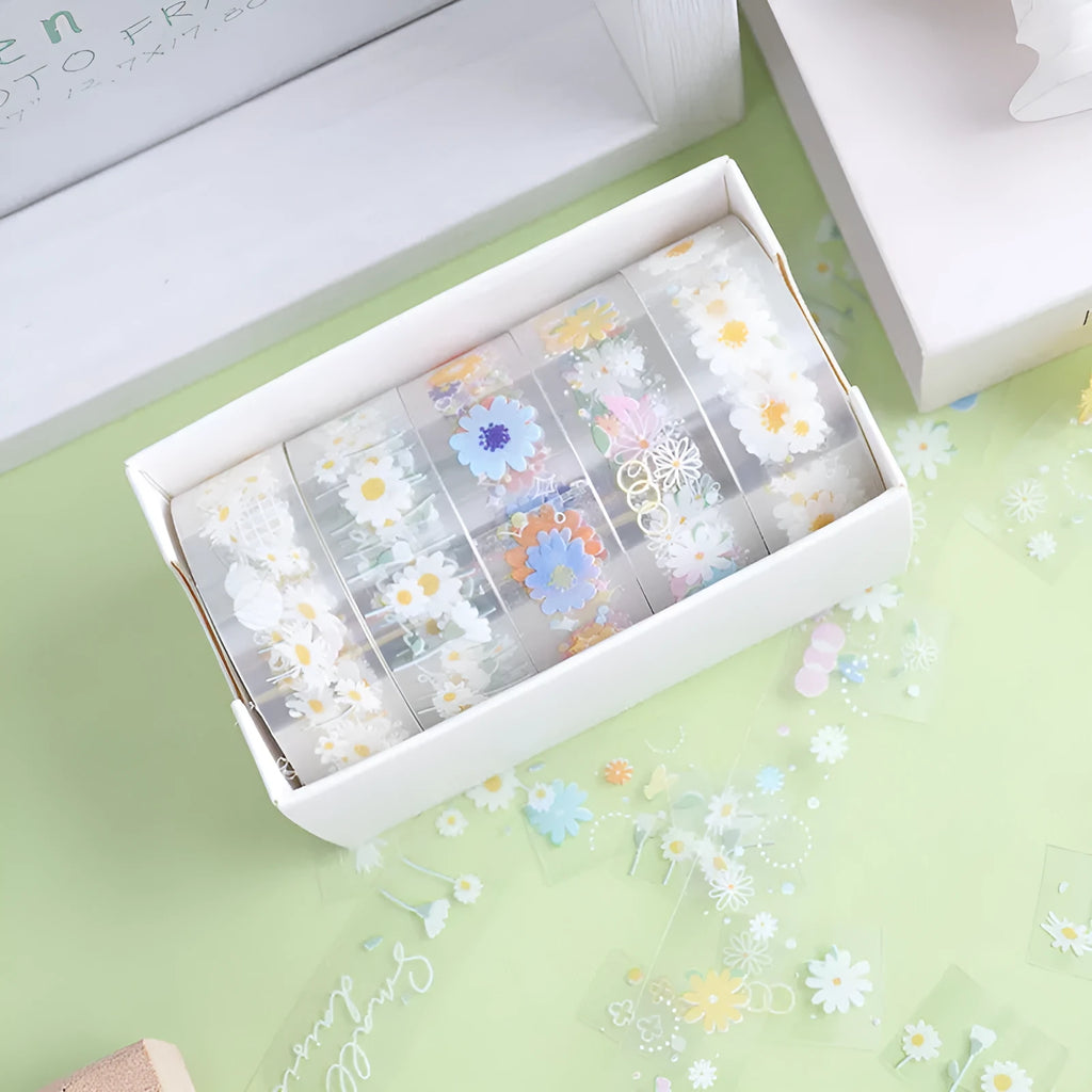 Transparent adhesive tape with midsummer daisy cartoon design on 5 rolls showing 1.5cm width