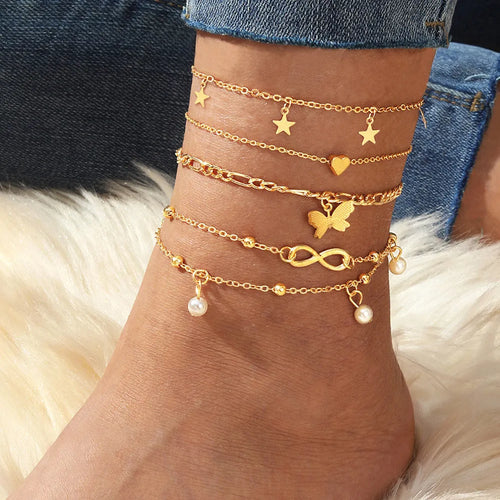 Butterfly pearl heart anklet jewellery set with four coordinated alloy foot chains
