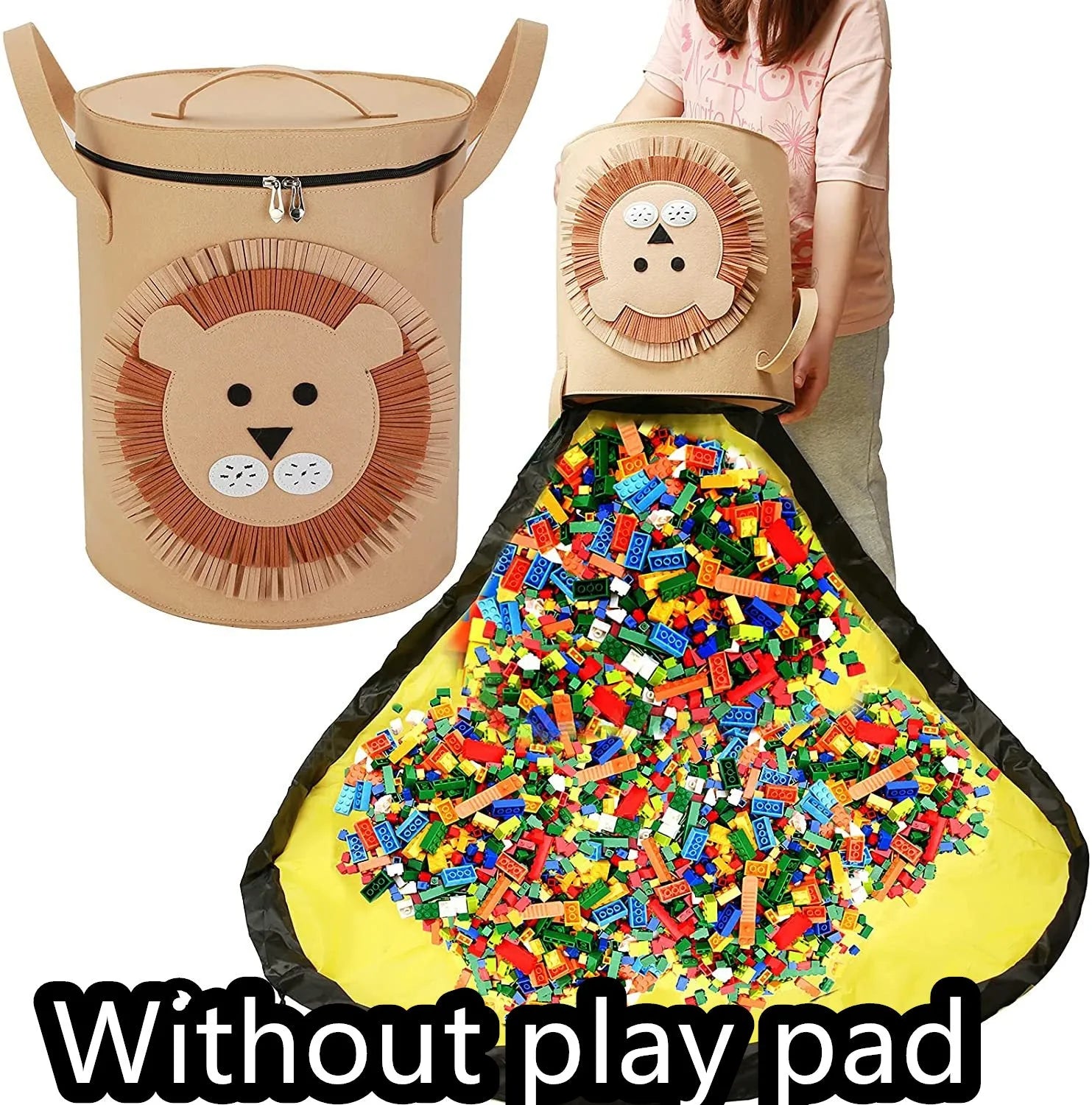 Green felt cube storage bag with pull rope shown as both toy container and play mat