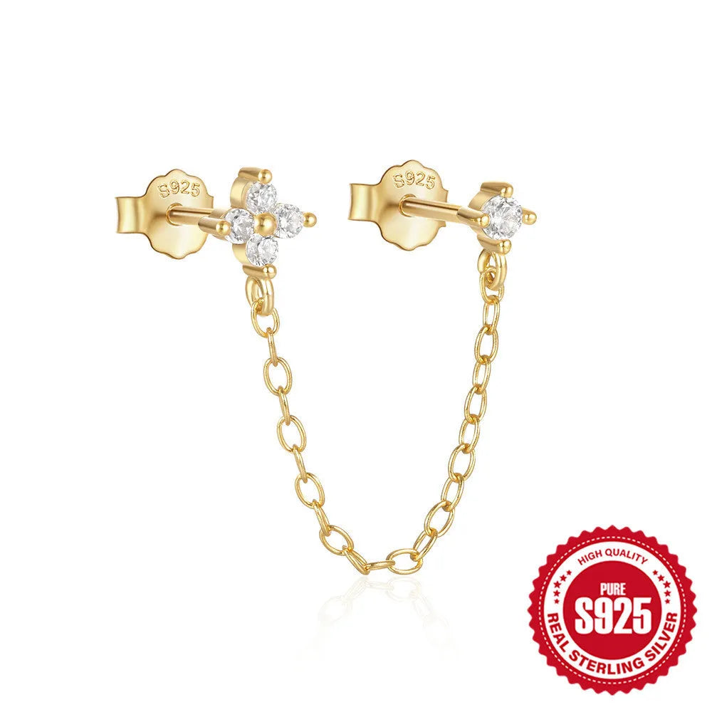 Geometric S925 sterling silver stud earring with flower, tassel, and chain design in a golden electroplated finish.