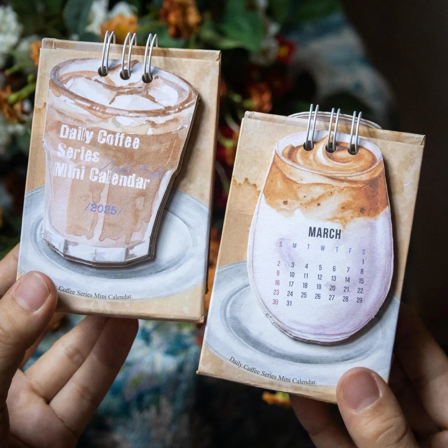 Mini coffee-themed desk calendar for 2025 showing daily pages and simple modern design