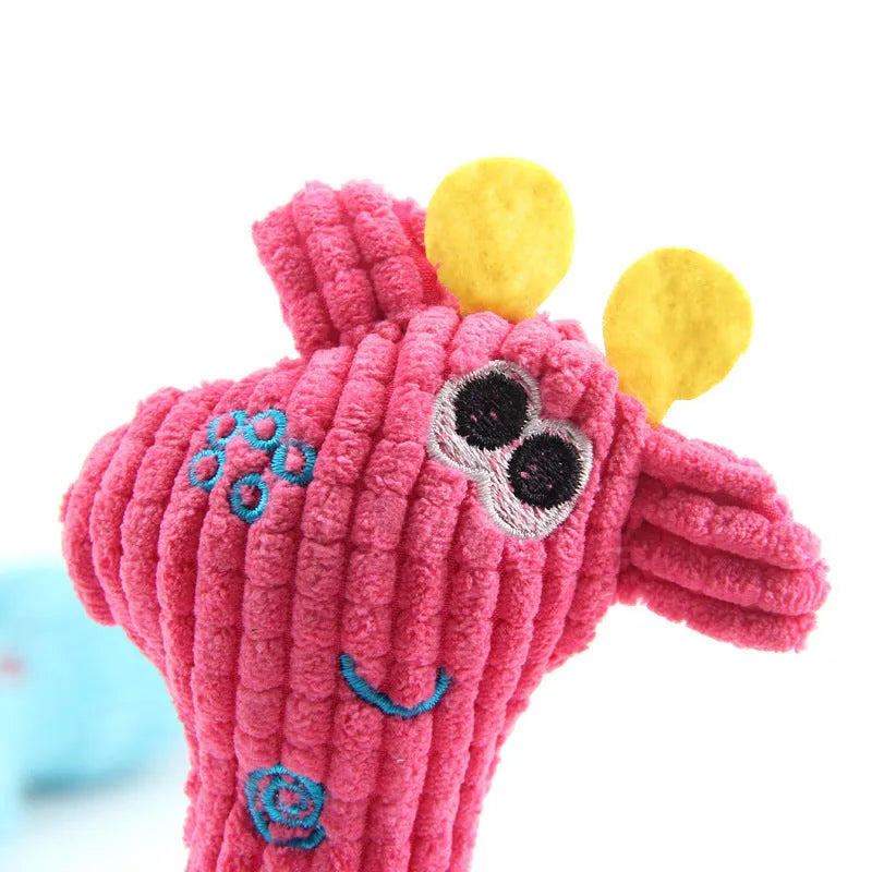 Blue deer shaped plush dog toy with corn grain texture and squeaker inside