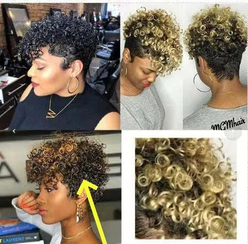 Short blonde synthetic wig with rolled styling on a mannequin head.
