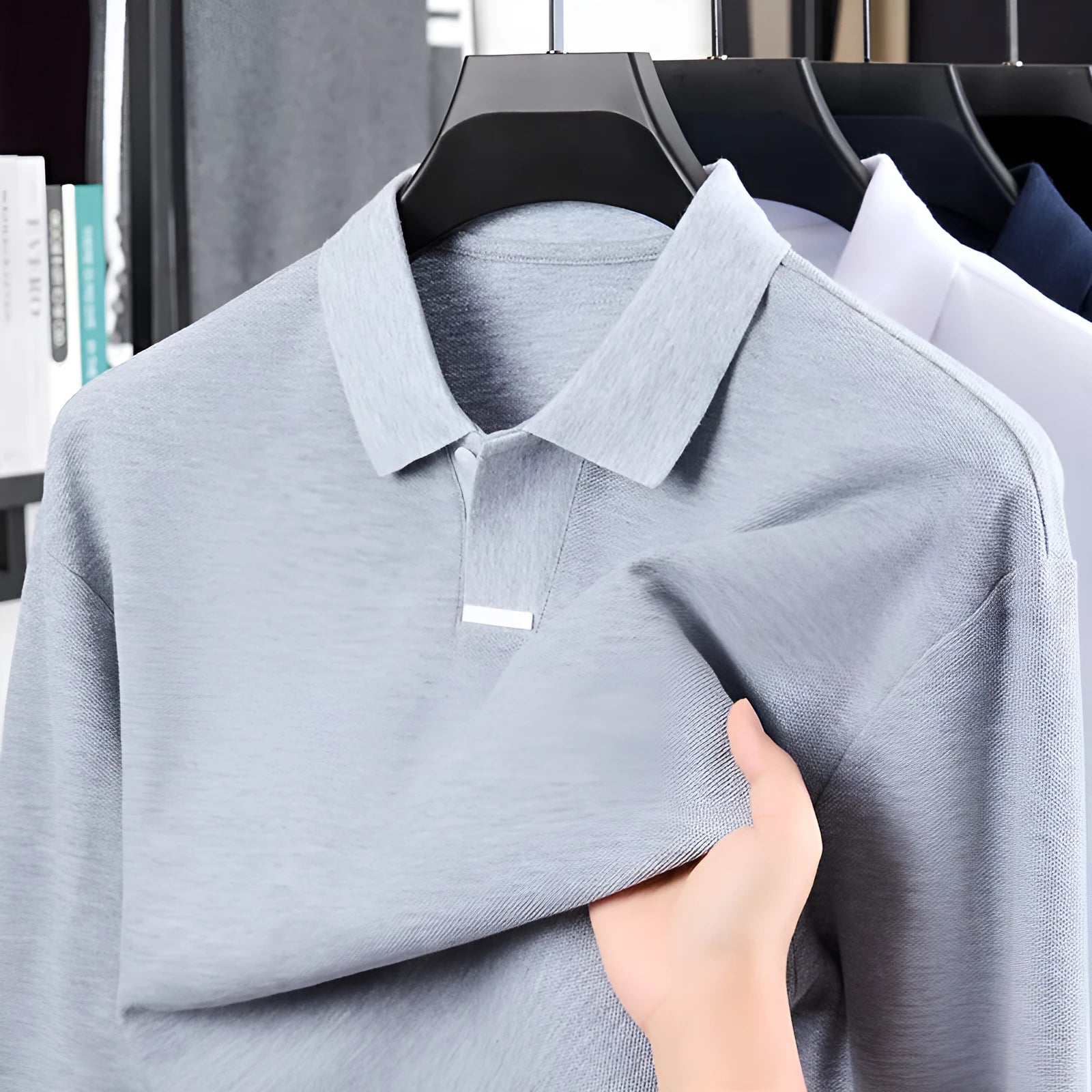 Men's asymmetric lapel polo shirt in cotton fabric with loose fit long sleeves