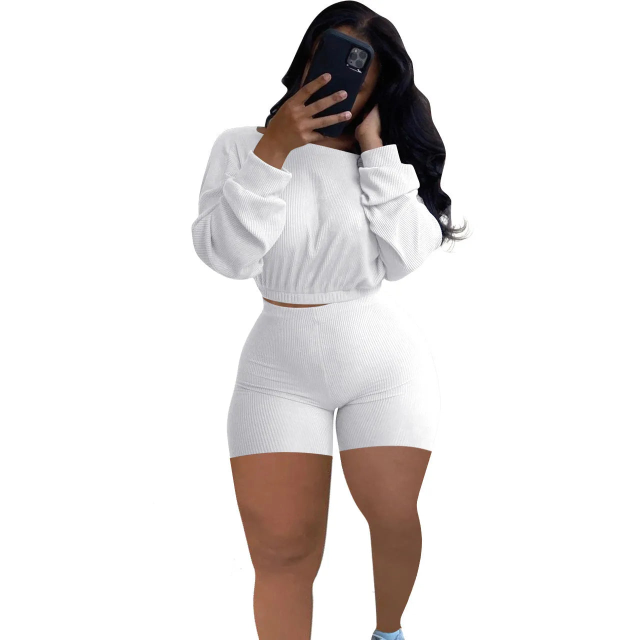 Sunken stripe pattern off-the-shoulder long sleeve top and shorts two-piece set