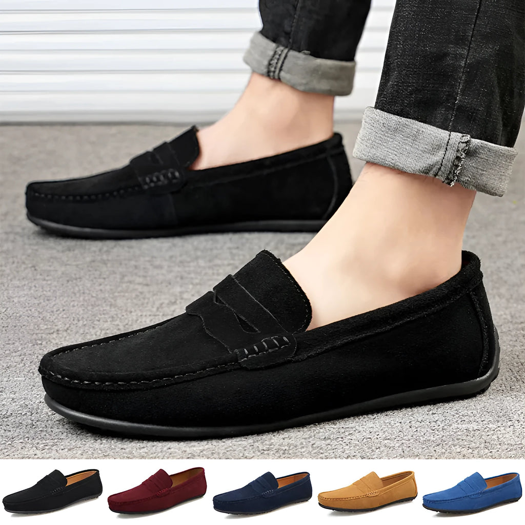 Men's suede leather slip-on loafers in various colours with a flat rubber sole and round toe