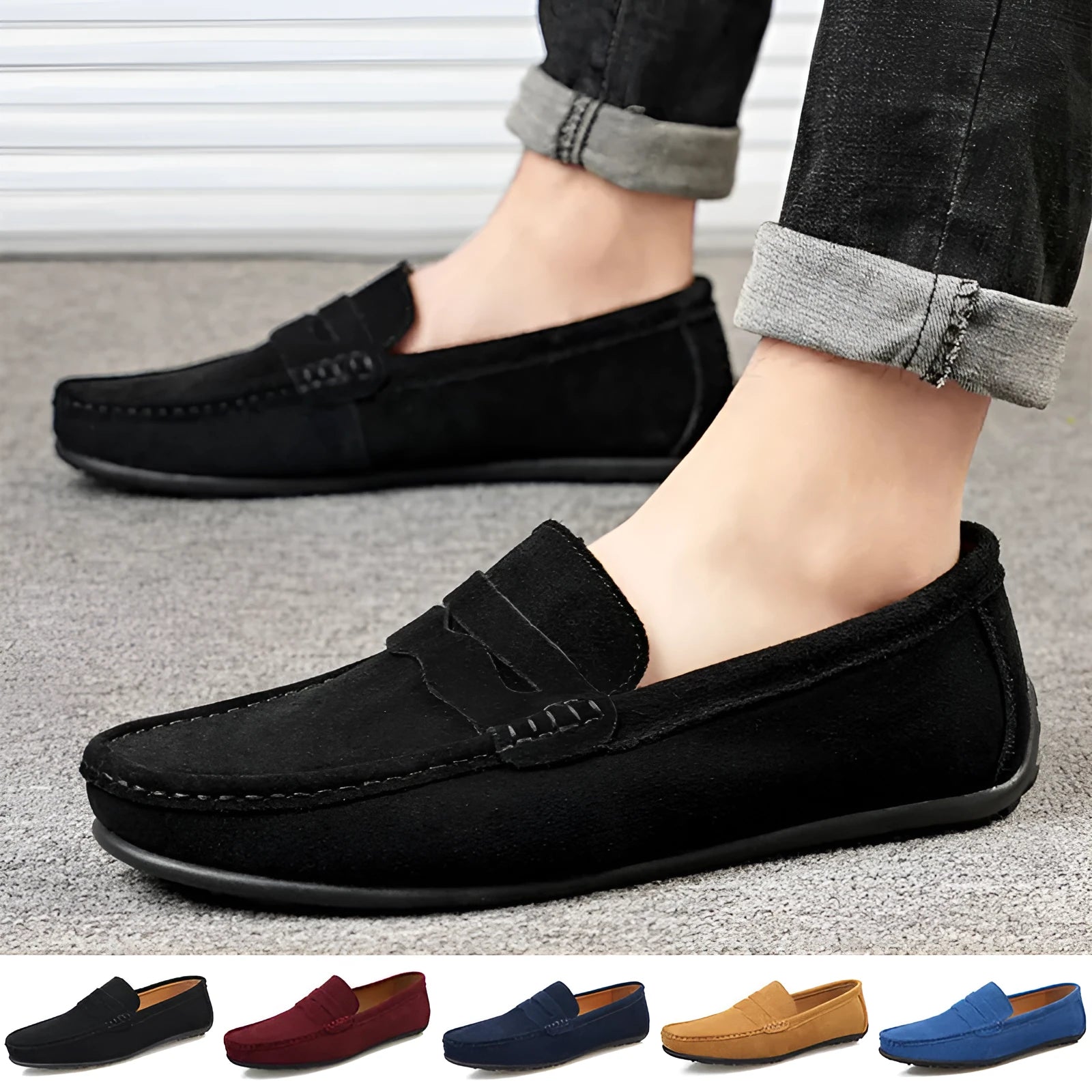 Men's suede leather slip-on loafers in various colours with a flat rubber sole and round toe