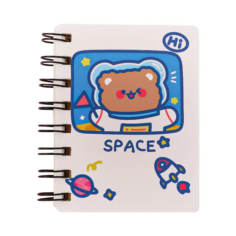 Astronaut-themed pocket notebook with flip closure showing 10.5 × 8 cm dimensions