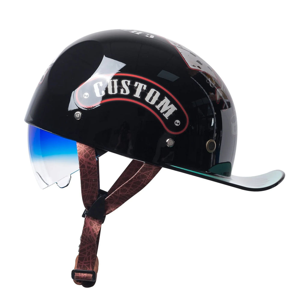 Retro-style electric bicycle half helmet for men in bright black with a gradient blue lens.