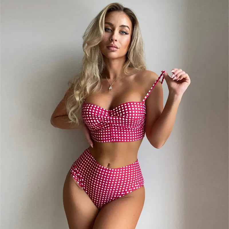 Women's high-waisted plaid bikini swimsuit with split briefs design in polyester fibre