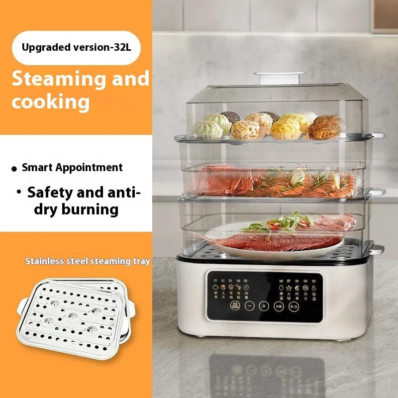 Stainless steel electric food steamer with 28 litre capacity and steaming rack