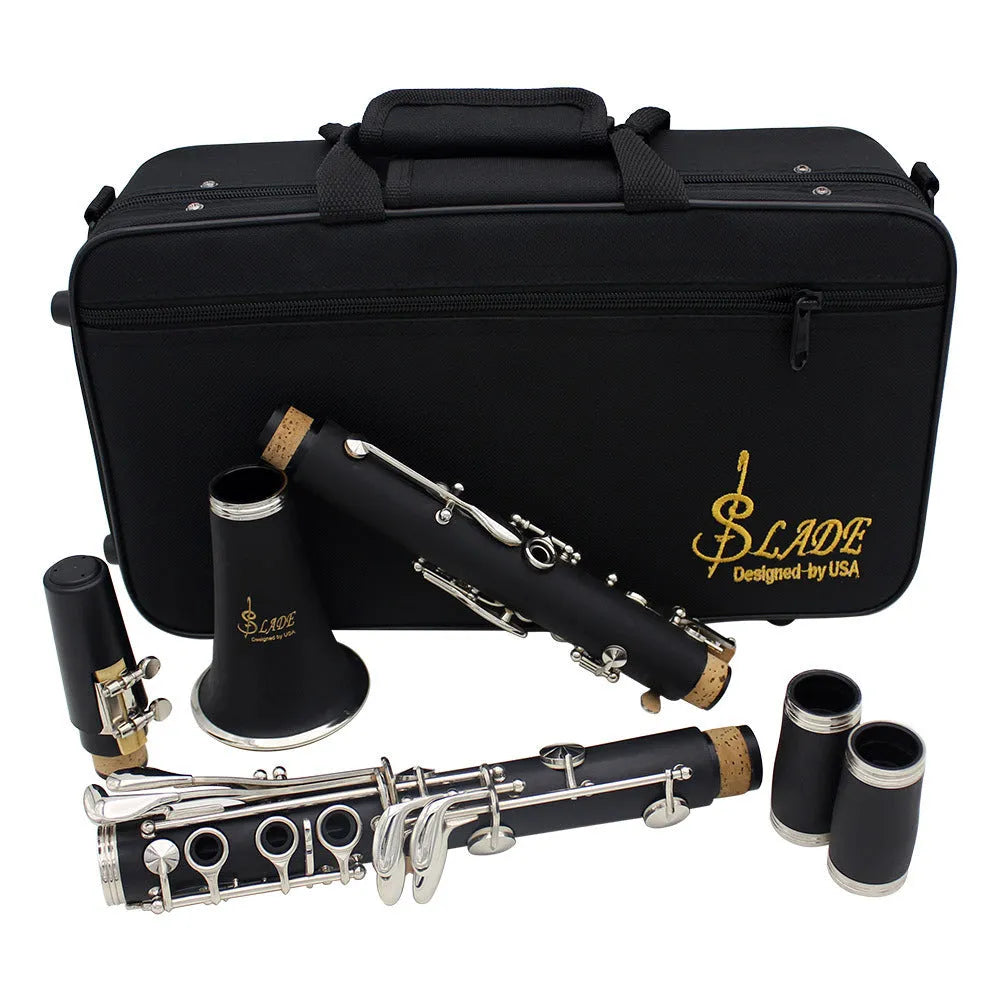 Black Bakelite clarinet with nickel-plated keys and a carrying bag for beginner students.