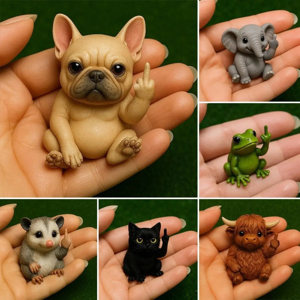 Mini resin animal doll in a middle finger pose, showing options for cat, dog, elephant, frog, Highland cattle, mouse, and turtle styles.
