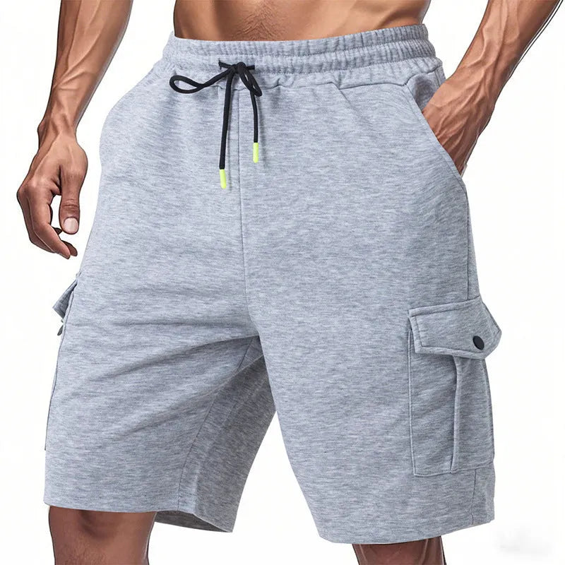 Men's heavy loose casual multi-pocket cargo shorts in light grey ring towel fabric