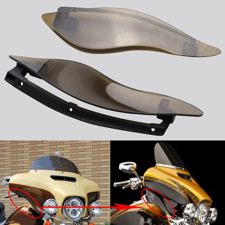 Pair of smoked ABS plastic windscreen side wings for a Harley Davidson Road Glide motorcycle.