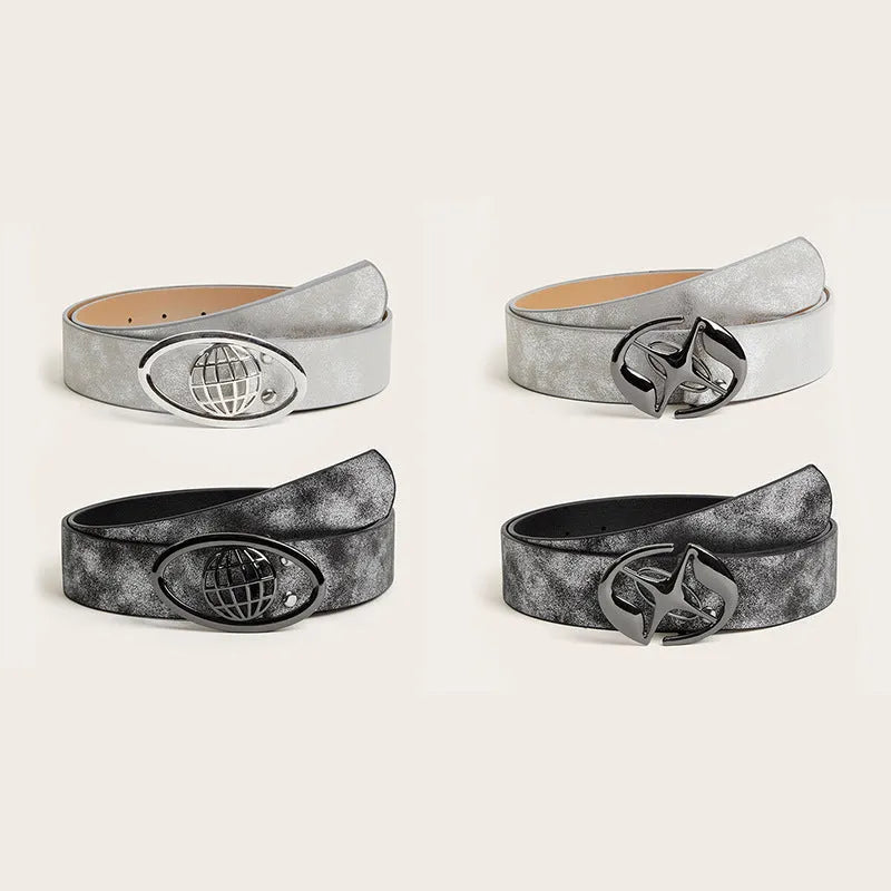 Women's retro wide belt with oval alloy buckle on PU leather strap in grey white colour