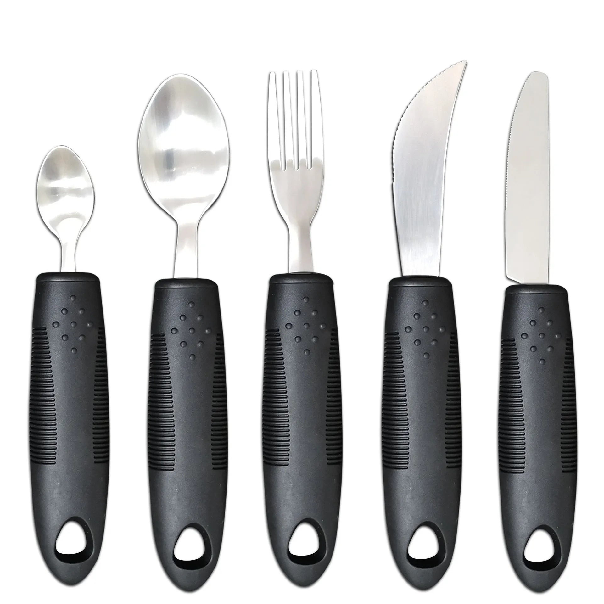 Stainless steel adaptive spoon with black rubber anti-shake handle for elderly food aid.