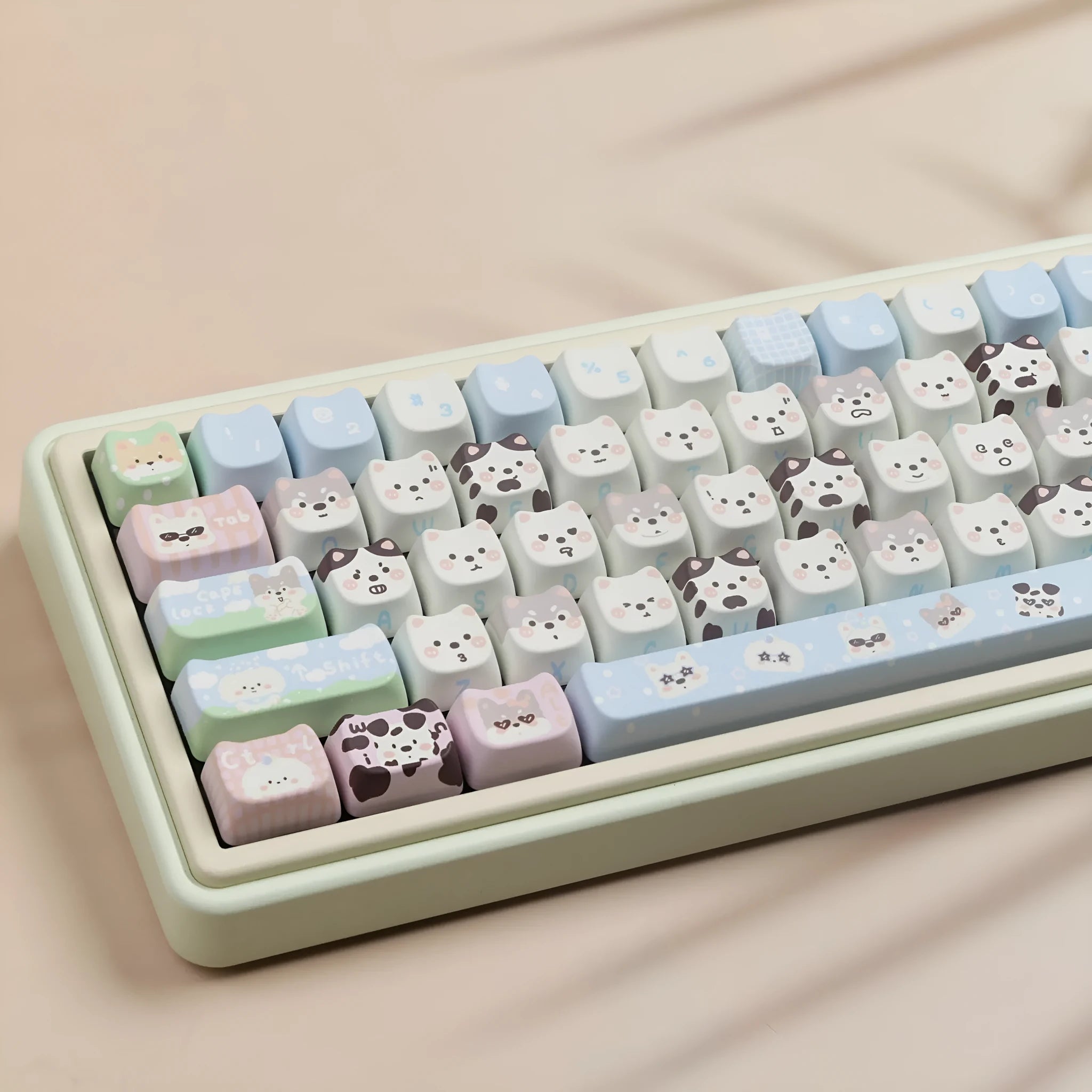 Complete PBT keycap set with cat and puppy illustrations for mechanical keyboards