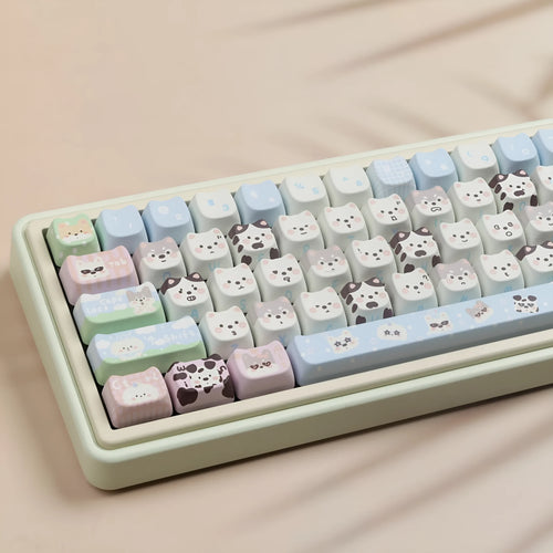 Complete PBT keycap set with cat and puppy illustrations for mechanical keyboards