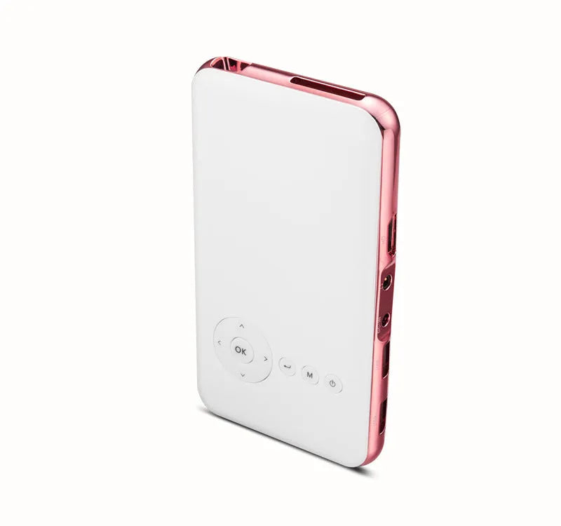 White and rose gold miniature portable DLP Android projector with 32GB memory showing compact dimensions