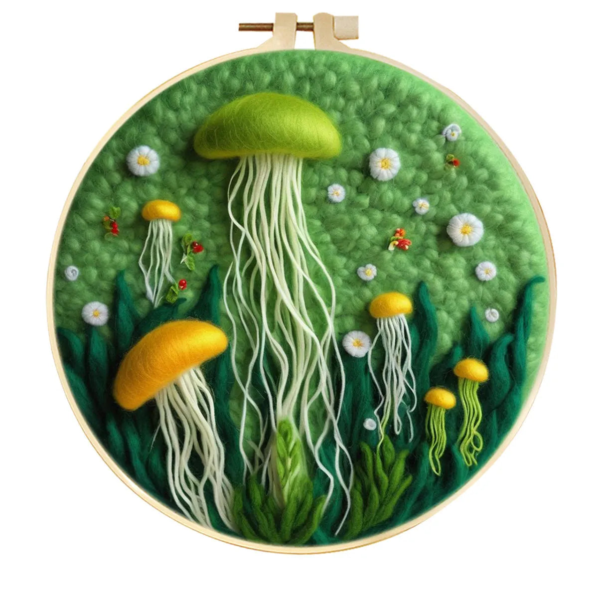 Round linen fabric embroidery kit with free hoop for making a 20x20 cm three-dimensional floral blanket painting.