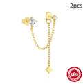 S925 sterling silver double ear piercings chain stud earrings with geometric design and zircon detailing