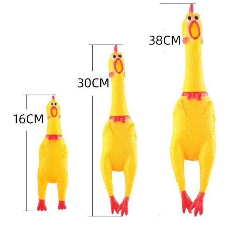 Yellow rubber screaming chicken dog toy shown in three sizes for different breed dogs